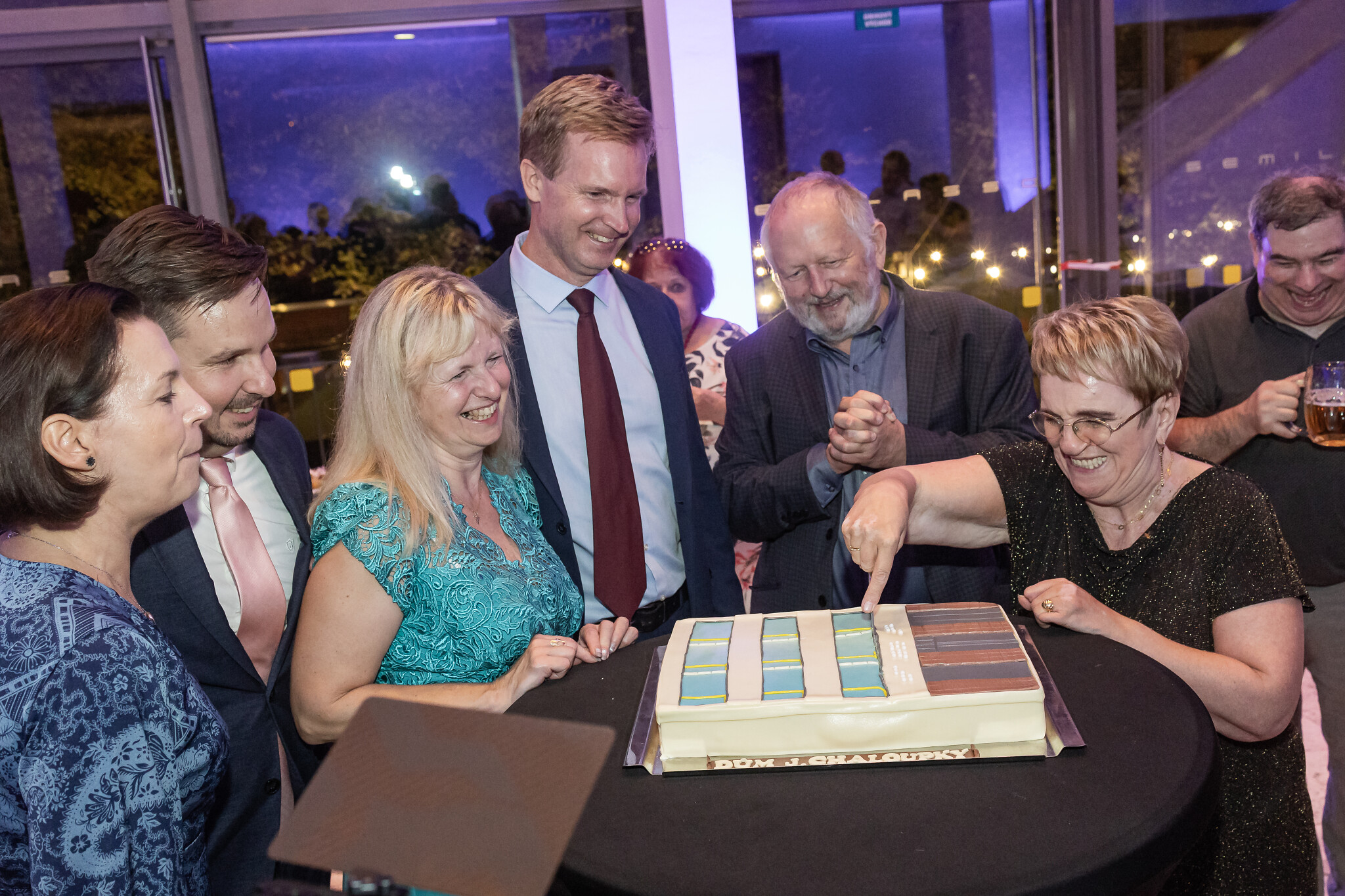 paní ředitelka krájí dort před zraky členů vedení organizací TyfloCentrum Brno a SONS